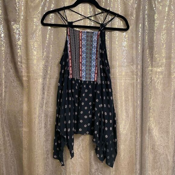 Abercrombie & Fitch Navy Blue Boho Strappy Handkerchief Hem Blouse, Small - Picture 1 of 6